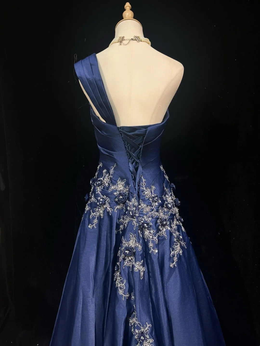 Navy Blue Prom Dress Inspo Mermaid One Shoulder Lace Satin 18th Birthday Outfits Formal Party Gown RC0116