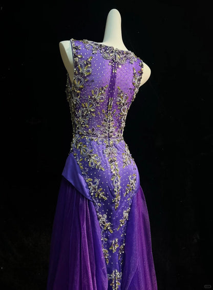 Vintage Mermaid Boat Neck Purple With Beading Tulle Floor Length Prom Dresses Inspo Evening Outfits RB4343