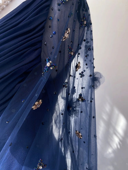 Vintage Prom Dresses Inspo A Line Empire V Neck Navy Blue Satin 90s With Sleeves Formal Gowns N3314