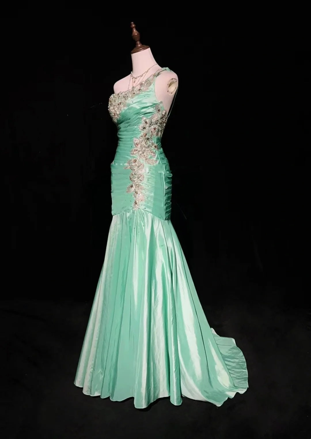 Vintage Prom Dresses Mermaid One Shoulder Mint Green With Lace Beading Cape Long Formal Dress N2463