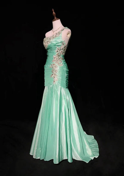Vintage Prom Dresses Mermaid One Shoulder Mint Green With Lace Beading Cape Long Formal Dress N2463