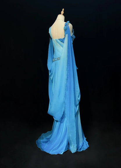 Vintage Prom Dresses Inspo Mermaid V Neck Royal Blue Chiffon With Flowers Beads 80s Long Formal Gown N2743