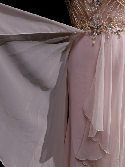 Vintage Prom Aesthetic Dresses A Line Jewel Pearl Pink Chiffon With Beading Long Formal Dress N3033