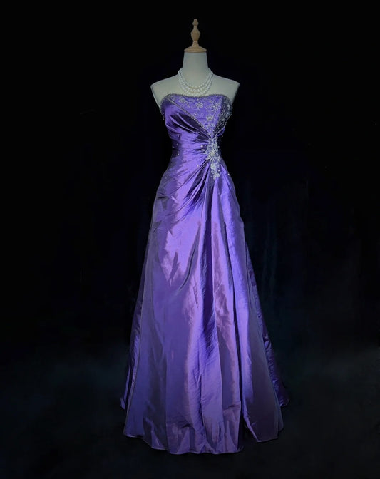 Vintage Prom Dresses Ball Gown Strapless Purple With Gold Lace Applique 80s Long Formal Evening Outfits N3886