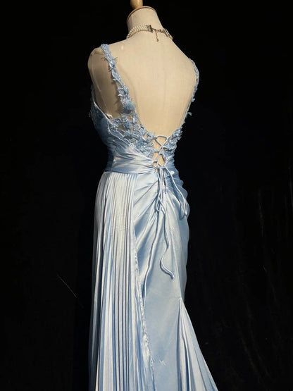 Light Sky Blue Prom Dress Inspo Mermaid Straps With Appliqued Slit Modest Long Formal Party Gown RC0082