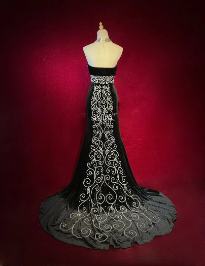 Glamorous Prom Dresses Mermaid Sweetheart Black Tie Dress Velvet With Embroidery Formal Dress N2883