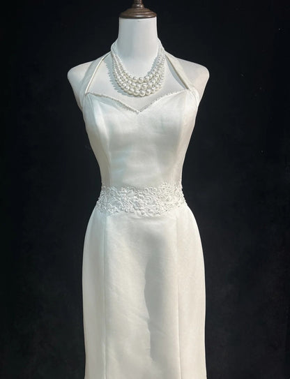 Unique Wedding Dresses Mermaid Halter Satin Boho Embroidery White Long Bridal Gown N3290