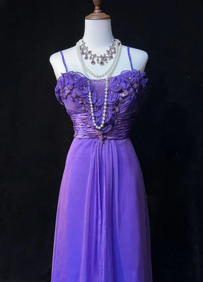 Vintage Prom Dresses A line Spaghetti Strap Grape Chiffon Sleeveless 1980s Long Formal Evening Gown N2631