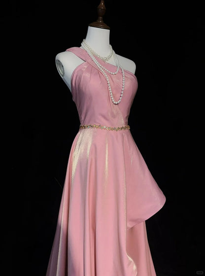 Vintage Prom Dresses 1960s A Line One Shoulder Pink High Low Satin Prom Gown N3101