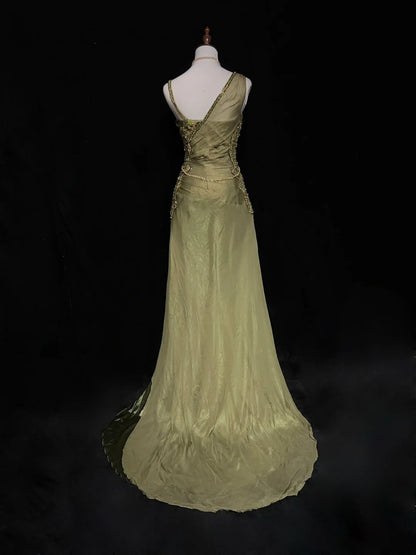 Vintage Prom Dresses Mermaid Olive Green Chiffon With Beading Formal Evening Outfits N3854