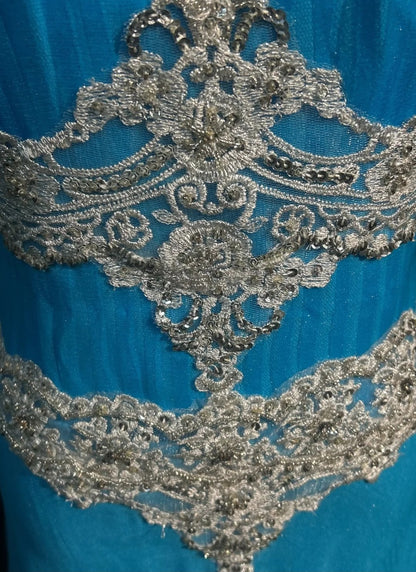 Vintage Prom Dresses A line Spaghetti Strap Blue Tulle Lace 1980s Mid Length Formal Evening Gown N2627