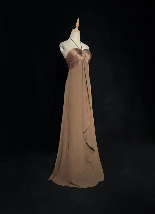 Vintage Prom Dresses A Line Halter Brown Sleeveless Chiffon 80s Long Formal Gown N2759