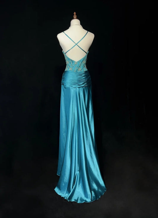 Vintage Prom Dresses Mermaid Spaghetti Strap Blue Satin 1990s Long Formal Evening Gown N2643