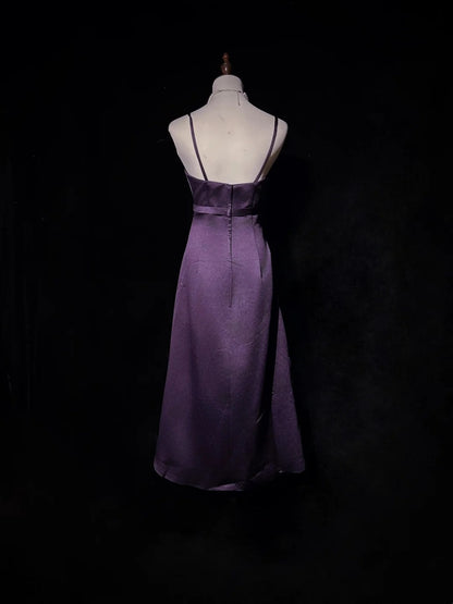Simple Prom Dresses A Line Spaghetti Strap Grape Tea Length Formal Party Dress N2530