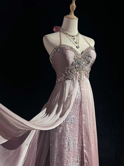 Vintage Prom Aesthetic Dresses A Line Halter Light Pink Chiffon With Beading Long Formal Dress N3034
