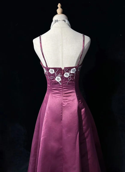 Vintage Prom Dresses Ball Gown Spaghetti Strap Purple Satin With Beading 1950s Long Formal Gown N2593
