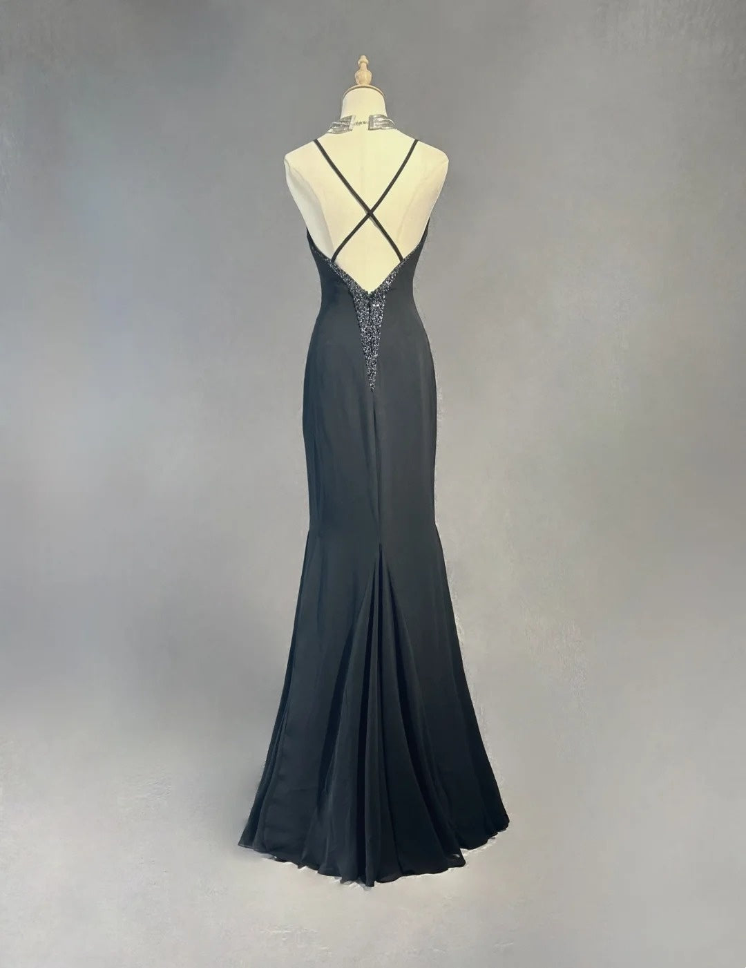 Vintage Prom Dresses Mermaid Spaghetti Strap Black Tie Dress Chiffon 70s With Beading Backless Long Formal Gown N2520