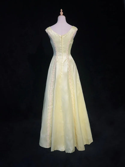 Vintage Prom Dresses 1950s Retro Classy A line Scoop Yellow Satin Evening Outfits With Scarf N3011