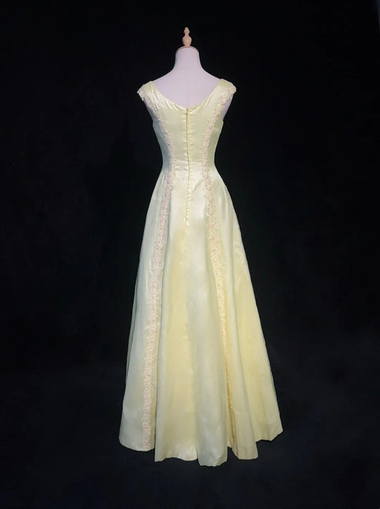 Vintage Prom Dresses 1950s Retro Classy A line Scoop Yellow Satin Evening Outfits With Scarf N3011