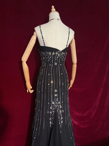 Vintage Prom Dresses 90s Mermaid Spaghetti Strap Black Tie With Silver Beading Long Semi Formal Evening Dress N3666