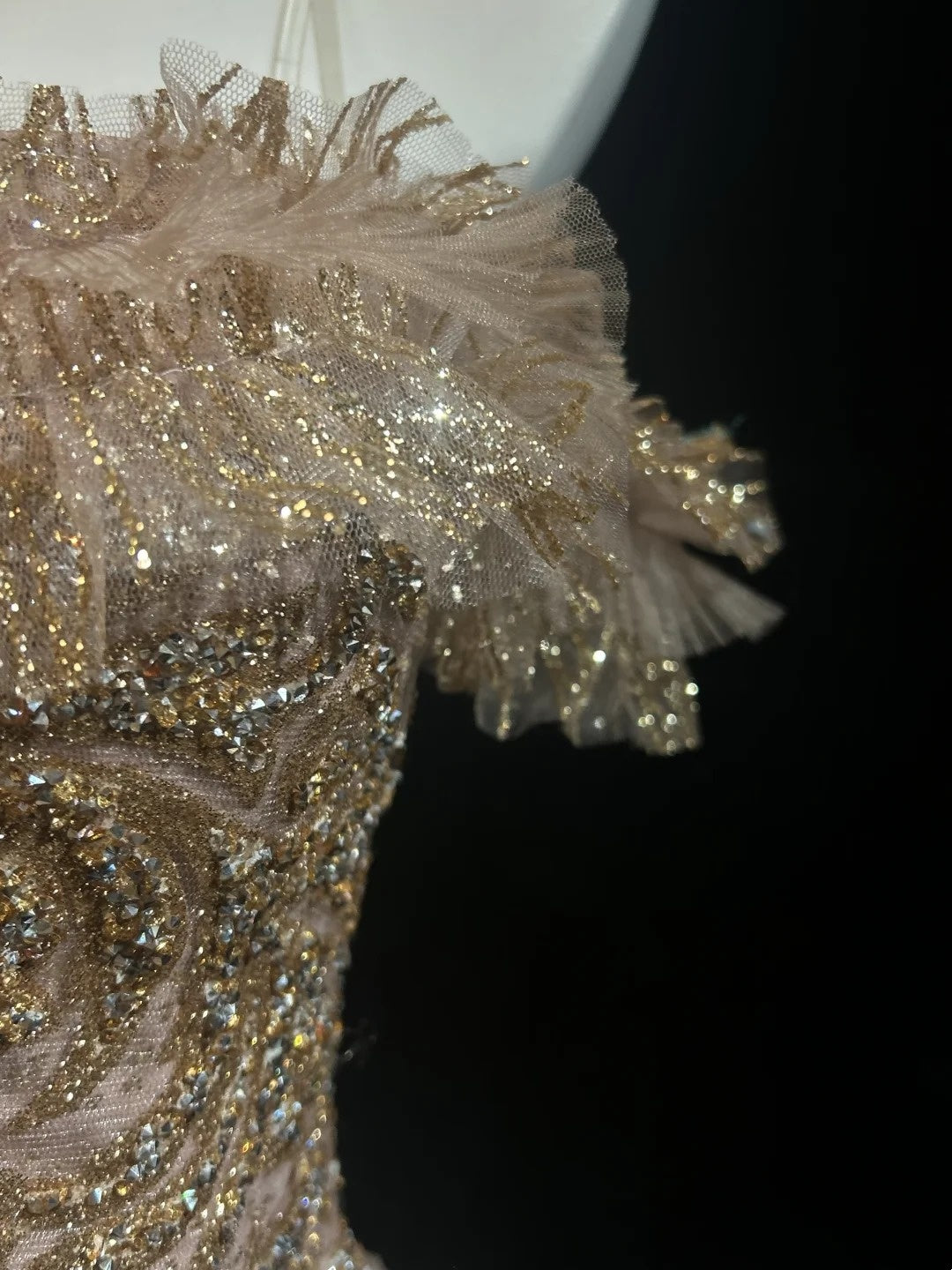 Vintage Prom Dresses A line Spaghetti Strap Gold Lace With Sleeves 80s Evening Formal Dress RB3268