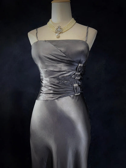 Modest Prom Dresses Mermaid Spaghetti Strap Grey Satin Long Evening Outfits N3471