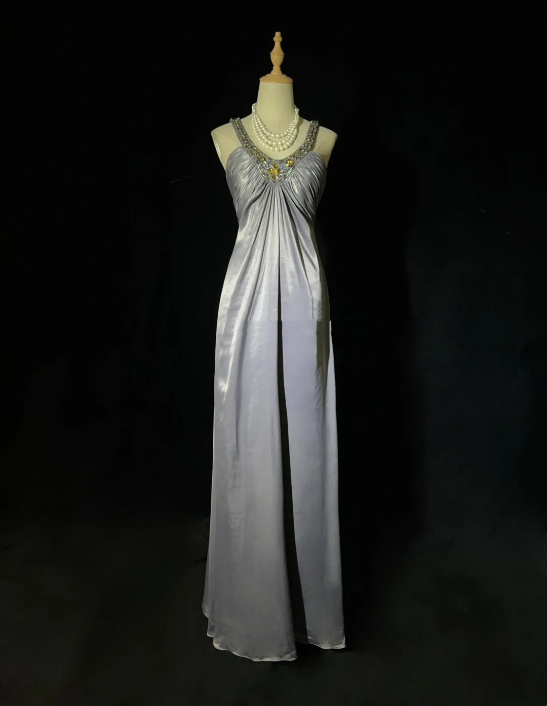 Vintage Prom Dresses Inspo A Line Halter Grey Long 1990s With Gold Beading Formal Gowns N3326