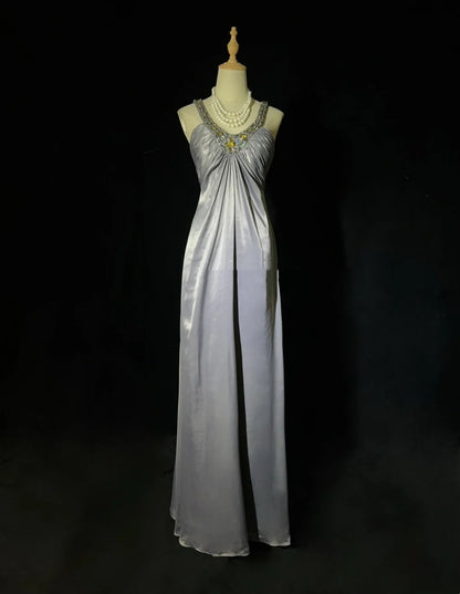 Vintage Prom Dresses Inspo A Line Halter Grey Long 1990s With Gold Beading Formal Gowns N3326