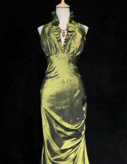 Vintage Prom Dresses 2000s Mermaid Halter V Neck Green Satin With Ruffled Beading Long Prom Gown N3094