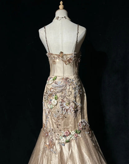 Champagne Prom Dress Inspo Mermaid Spaghetti Straps With Beading Modest Long Formal Party Gown RC0089