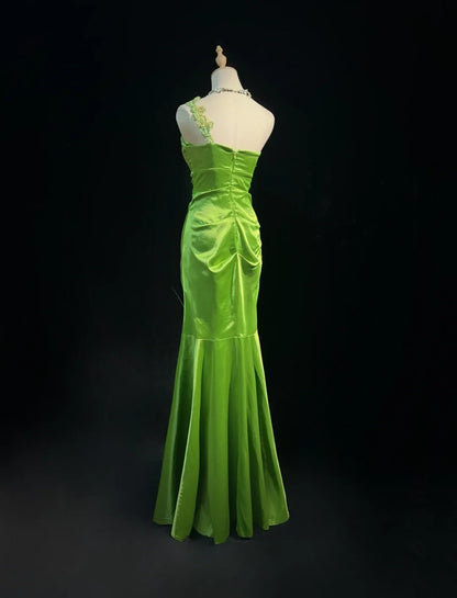 Vintage Prom Dresses Mermaid One Shoulder Light Green Satin With Beading Long Formal Dress N2450