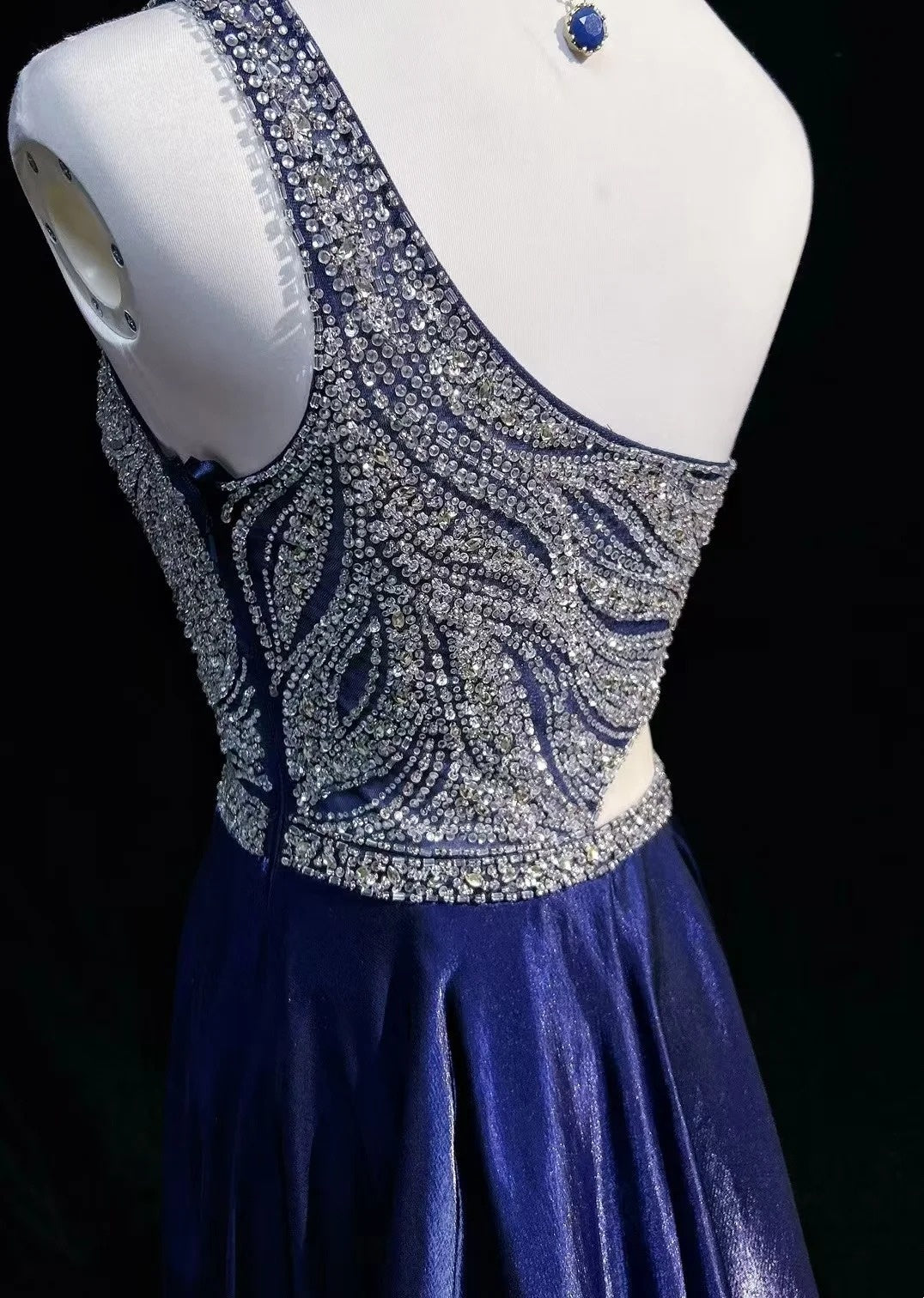 Simple Prom Dresses A line One Shoulder Royal Blue Floor Length Beaded Formal Evening Dress N3688
