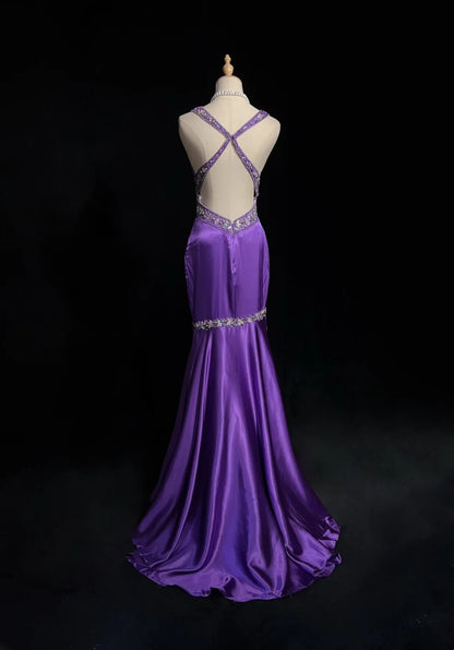 Vintage Prom Dresses Mermaid Spaghetti Strap 80s Satin With Beading Backless Long Formal Party Dress N2515