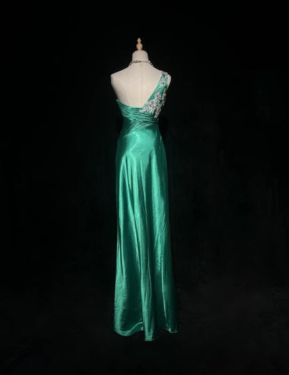 Vintage Prom Dresses A line One Shoulder Green Satin 70s With Appliques Lace Long Formal Gown N2529