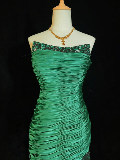 Vintage Sheath Strapless Green Short Mini Length Pleated Party Dress Cocktail Gown Homecoming Dresses N3903
