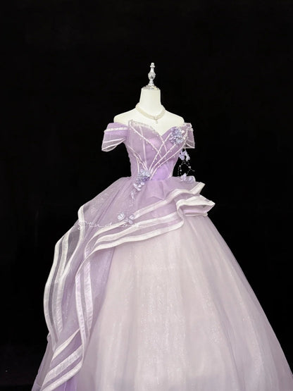 Lilac Prom Dress Long Floor Length Ball Gown Off Shoulder Tulle With Sleeves Formal Evening Gown For Women RC0279