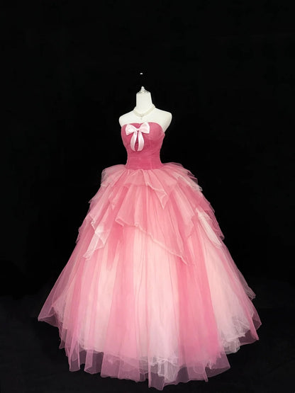 Cute Sweet 16 Dresses Long Ball Gown Strapless Pink Tulle Formal Sweet Sixteen Birthday Gown RC0252