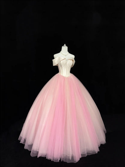 Tulle Prom Dress Long Floor Length Ball Gown Off Shoulder Blush Pink With Sleeves Formal Evening Gown For Women RC0257