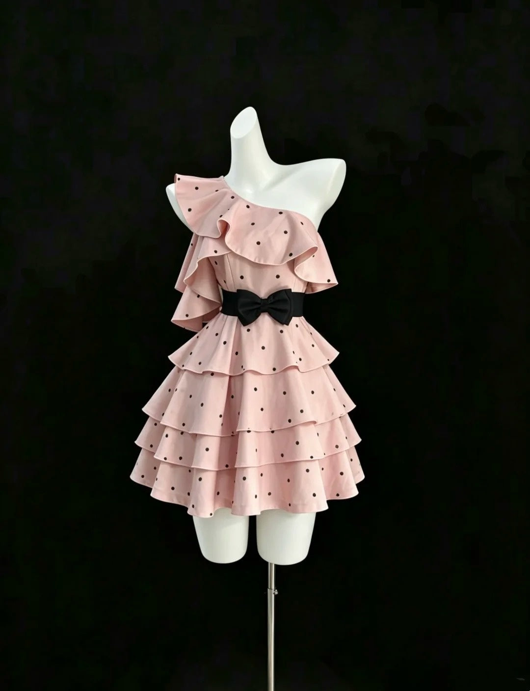 Classy A Line One Shoulder Pink Polka Dots Mini Short University College Impress Senior Inspo Graduation Dress Homecoming Dresses RB3307