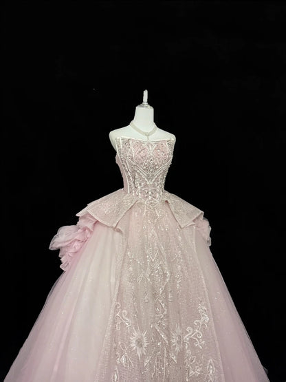 Sweet 16 Dresses Long Ball Gown Sweet Sixteen Long Birthday Dress Strapless Pink Lace Tulle Formal Gown RC0283