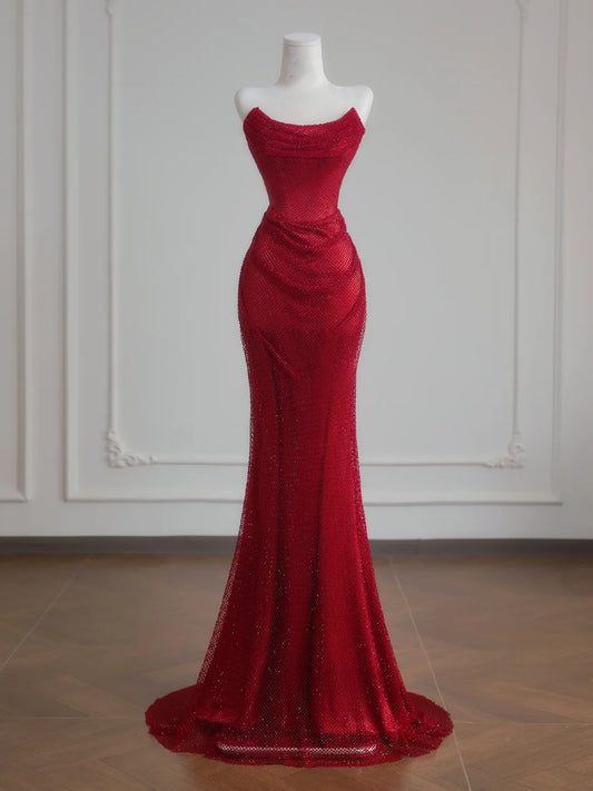 Sparkly Mermaid Sweetheart Red Sequined Formal Evening Dress Gowns Long Prom Dresses N728