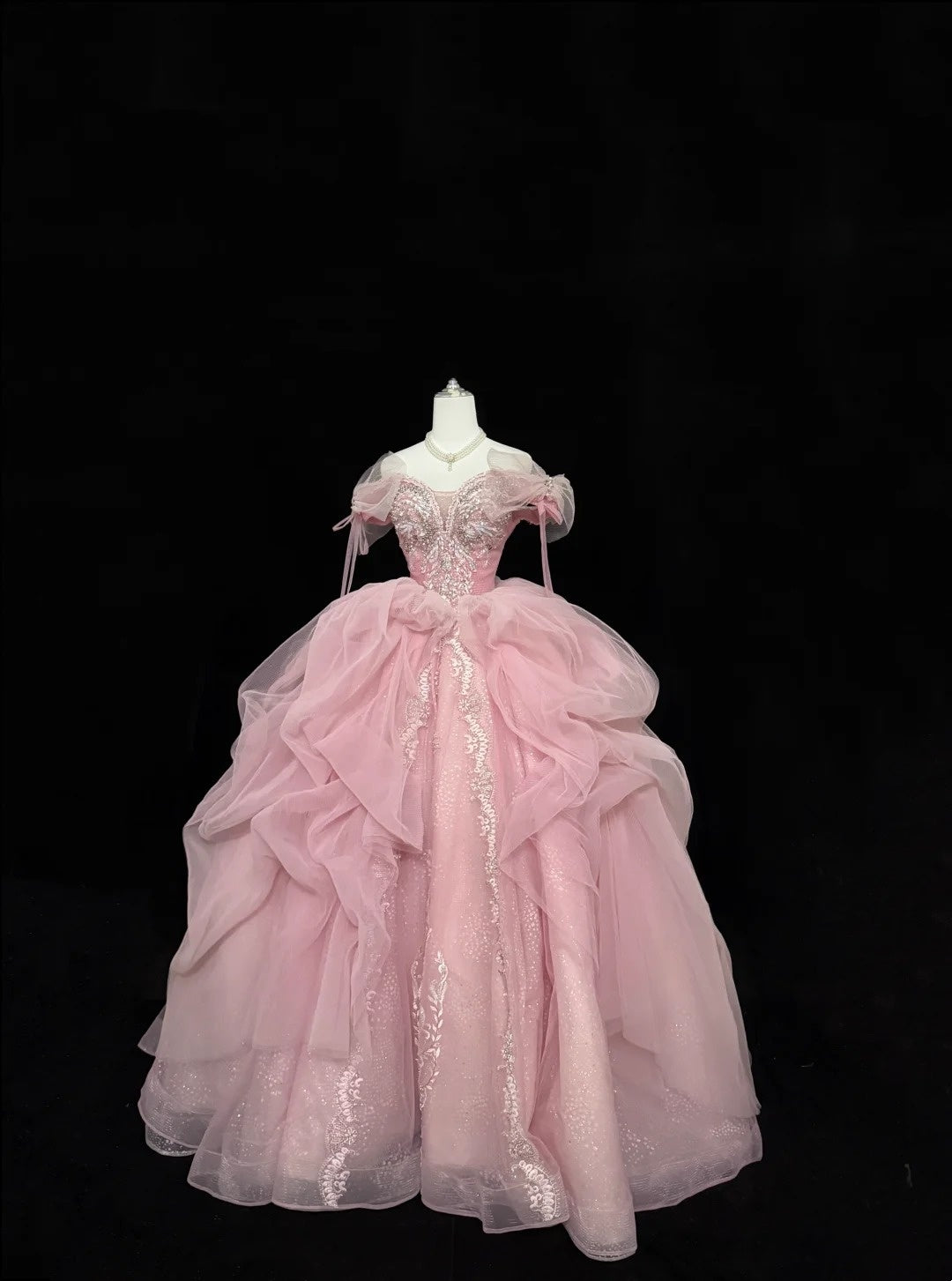 Pink Sweet 16 Dresses Long Ball Gown Off Shoulder With Ruffled Sequined Lace Sweet Sixteen Birthday Gown RC0235
