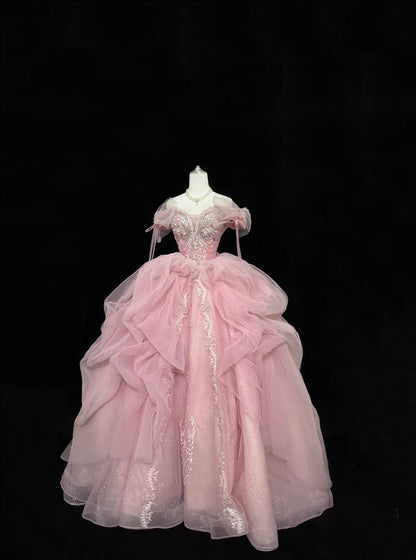 Pink Sweet 16 Dresses Long Ball Gown Off Shoulder With Ruffled Sequined Lace Sweet Sixteen Birthday Gown RC0235