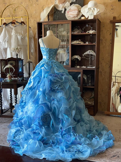 Vintage Ball Gown Spaghetti Straps Blue With Layers Tiered Sweet 16 Dresses Long 15 Vestidos De Fiesta N2264