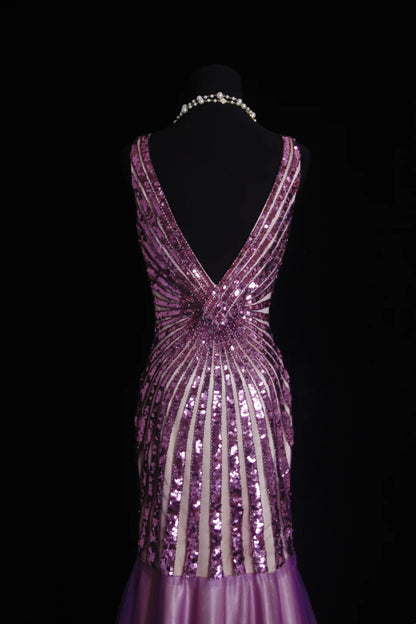 Vintage Prom Dresses Aesthetic 80s Retro Mermaid V Neck Lilac Sequins Floor Length Evening Outfits N2330