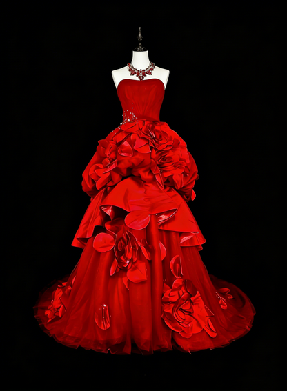 Vintage Prom Dresses Ball Gown Strapless Red Tulle With 3D Flowers Bodice Long Party Dress N2378