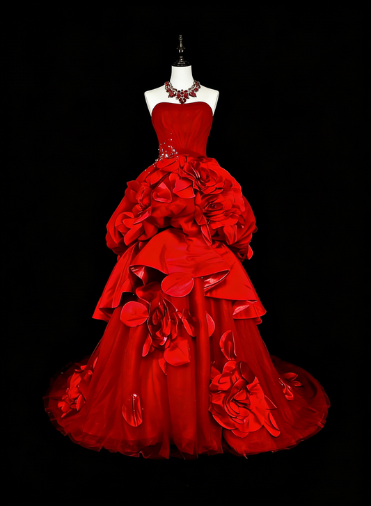 Vintage Prom Dresses Ball Gown Strapless Red Tulle With 3D Flowers Bodice Long Party Dress N2378