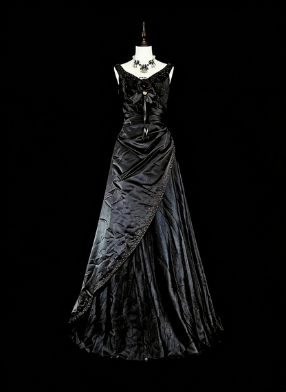 Dreamy Prom Dresses Vintage 90s With Beads V Neck A line Satin Black Long Formal Outfits N2375