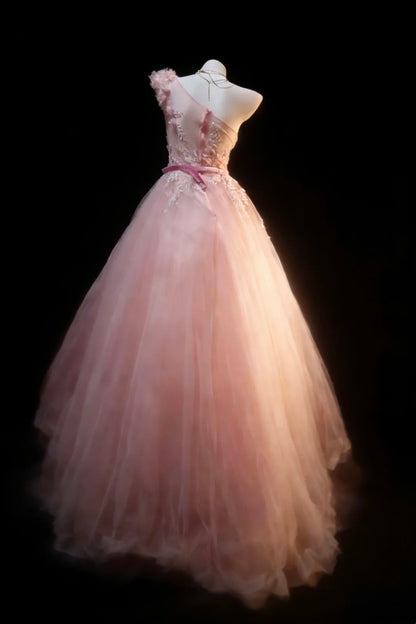 Pretty Prom Dresses Ball Gown One Shoulder Blush Pink Tulle With Appliques Long Formal Dress N2954