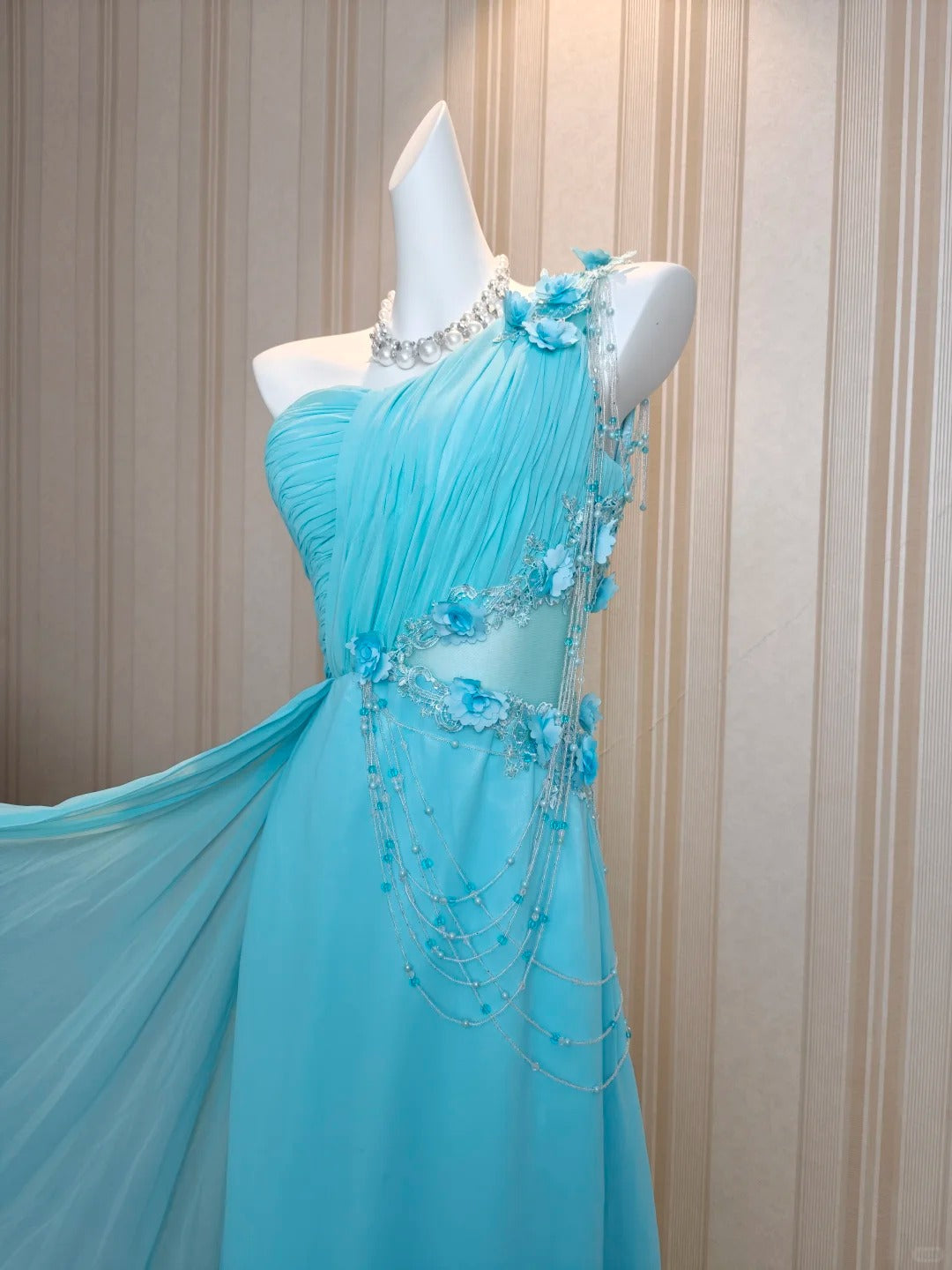 Vintage Prom Dresses A line One Shoulder Blue Chiffon 80s With Flowers Long Formal Evening Outfits N4217